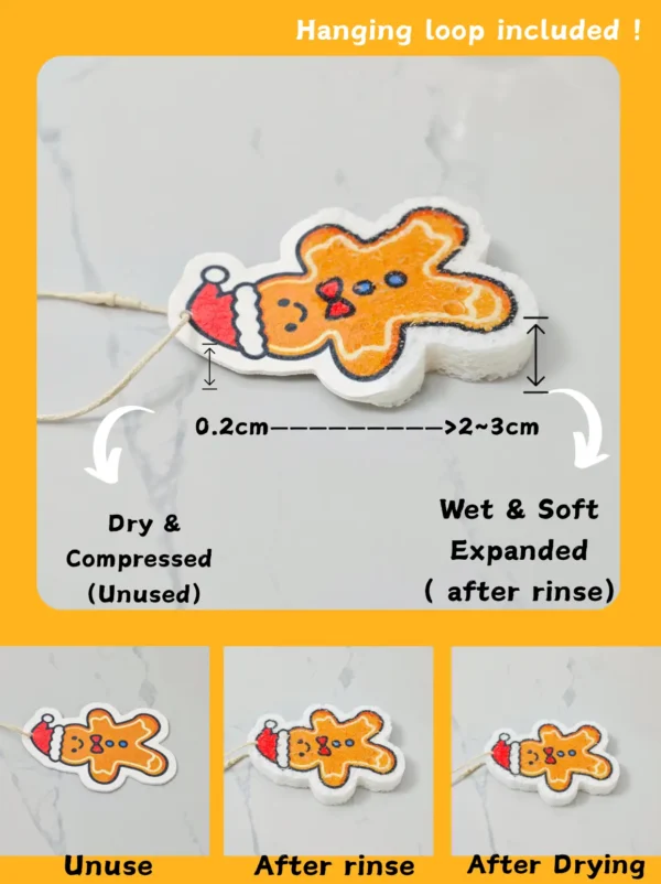 Gingerbread man cellulose sponge showing compressed and expanded sizes after rinsing, with hanging loop included.