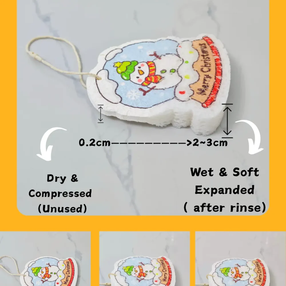 Santa Friends Santa Claus cellulose sponge showing compressed vs expanded thickness after rinsing, with hanging loop and three stages.