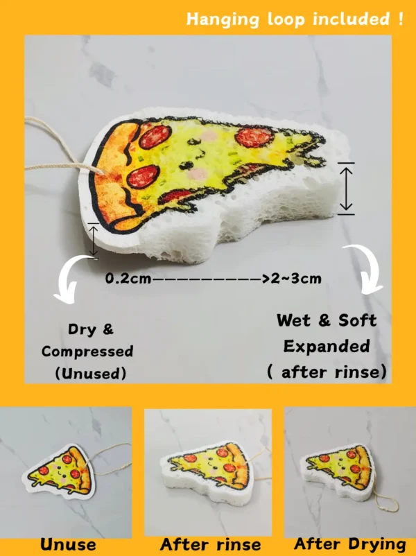Pizza-shaped cellulose sponge showing compressed and expanded stages after rinsing, with hanging loop included.