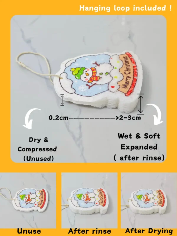 Santa Friends Santa Claus cellulose sponge showing compressed vs expanded thickness after rinsing, with hanging loop and three stages.