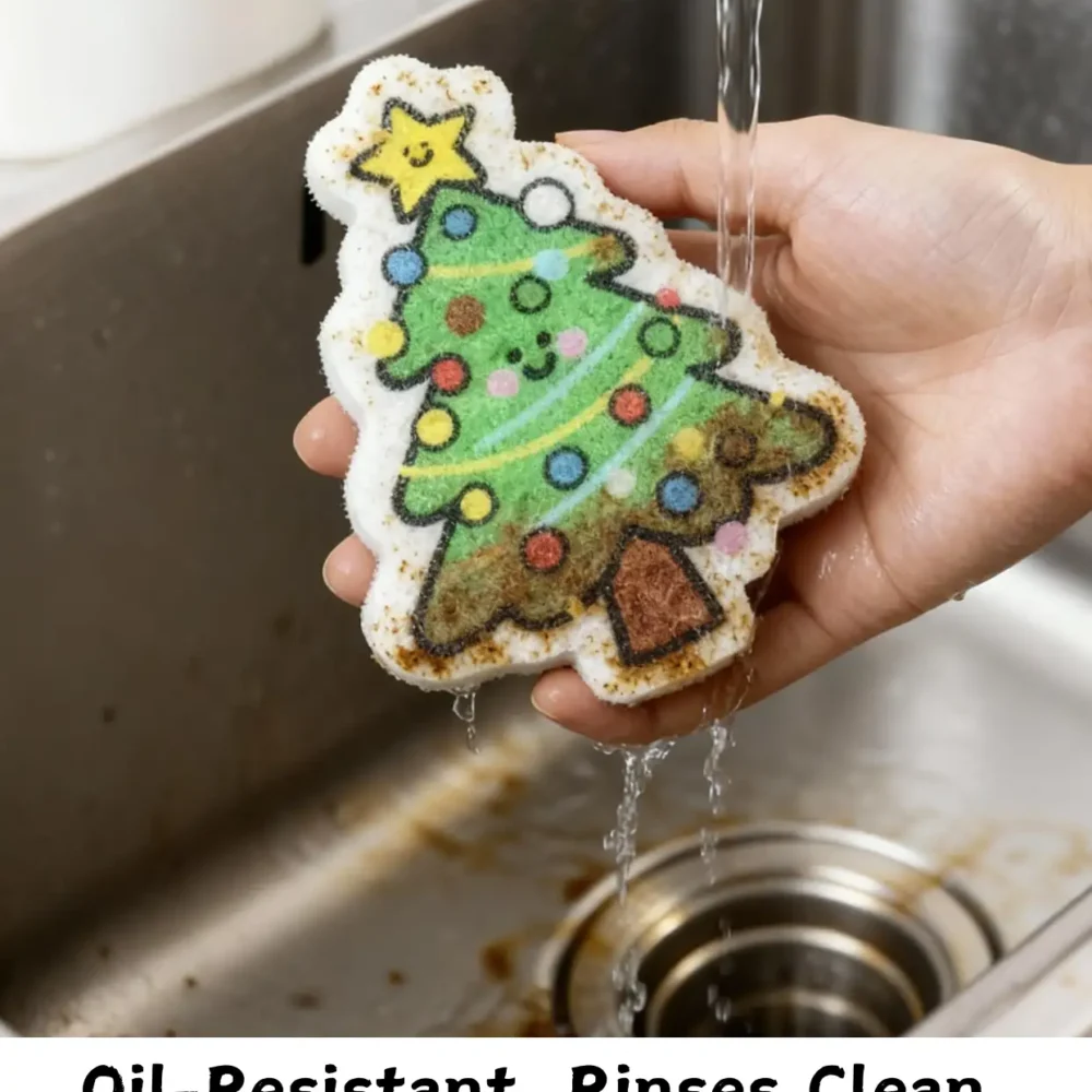 Christmas tree cellulose sponge under running water in a kitchen sink, rinsing away oil.