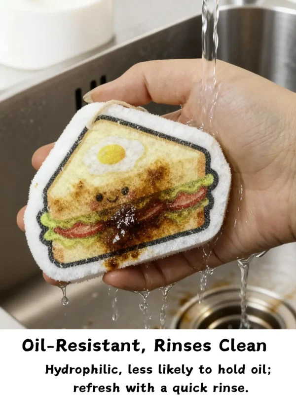 Sandwich-shaped cellulose sponge rinsing off oil under running water.