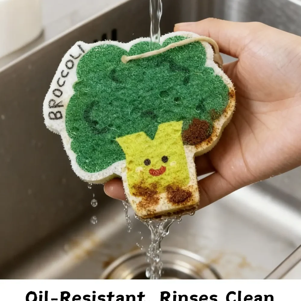 Broccoli cellulose sponge under running water, rinsing off oil in a kitchen sink.
