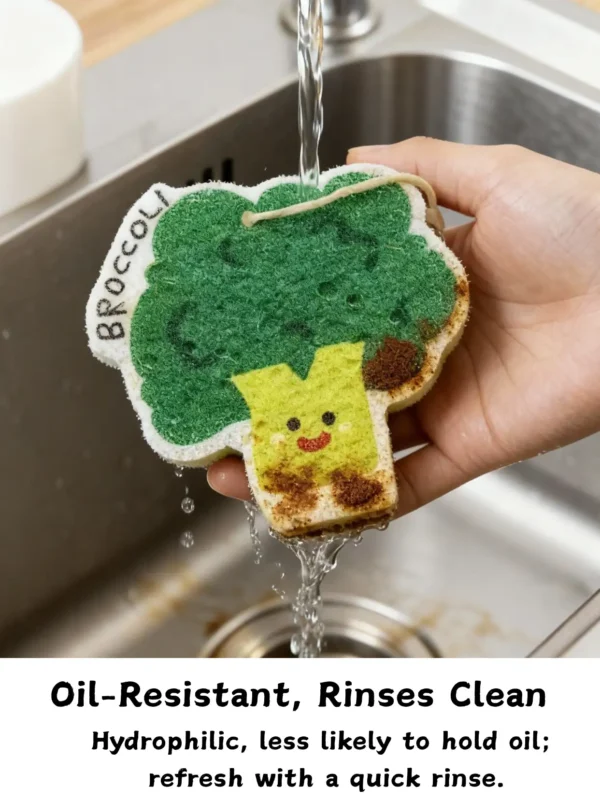 Broccoli cellulose sponge under running water, rinsing off oil in a kitchen sink.