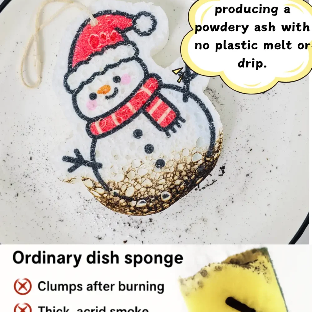 Snowman cellulose sponge burning to clean ash with no plastic melt, compared to a synthetic yellow-green dish sponge.