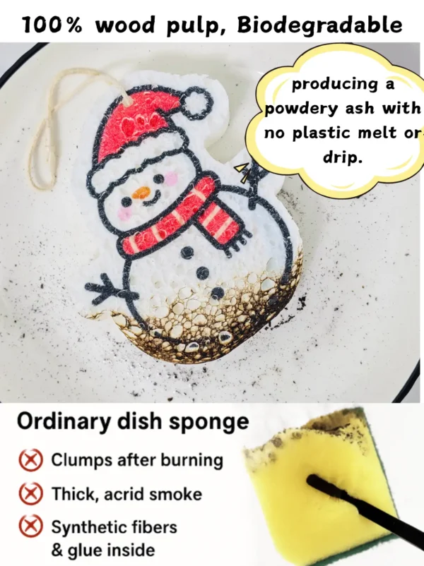 Snowman cellulose sponge burning to clean ash with no plastic melt, compared to a synthetic yellow-green dish sponge.