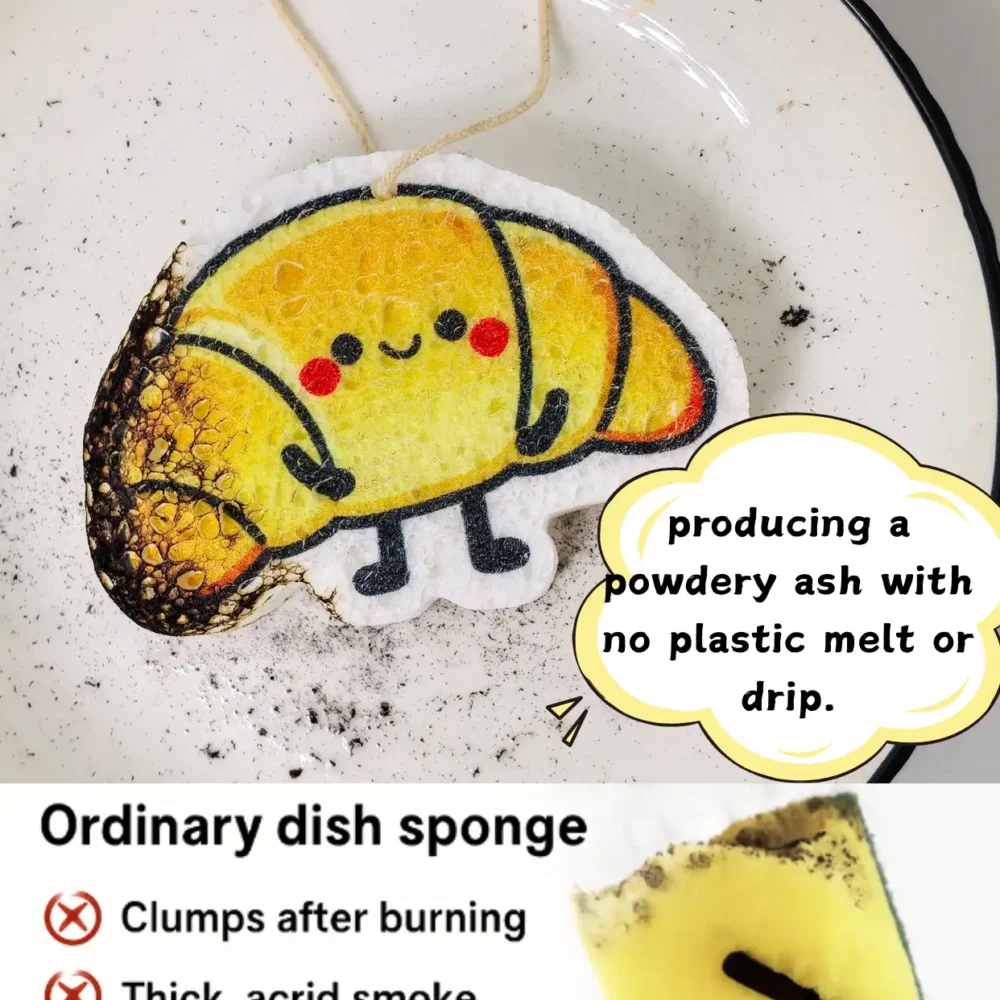 Croissant-shaped cellulose sponge burning clean with no plastic residue compared to synthetic sponges.