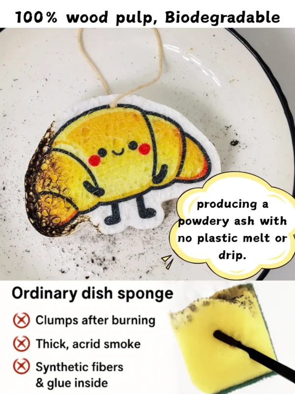 Croissant-shaped cellulose sponge burning clean with no plastic residue compared to synthetic sponges.
