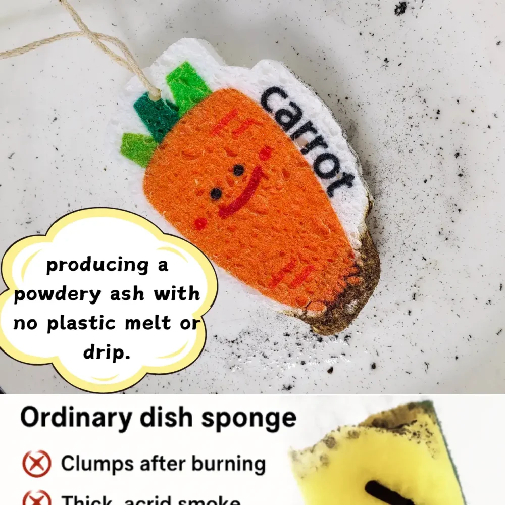 Carrot cellulose sponge burning to clean ash with no plastic melt, compared to a synthetic yellow-green dish sponge.