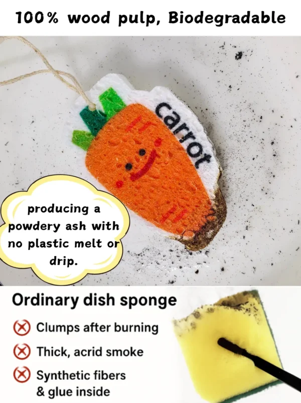 Carrot cellulose sponge burning to clean ash with no plastic melt, compared to a synthetic yellow-green dish sponge.