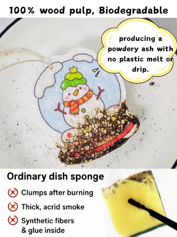Santa Claus cellulose sponge burning to clean powdery ash with no plastic melt, next to an ordinary synthetic sponge comparison.
