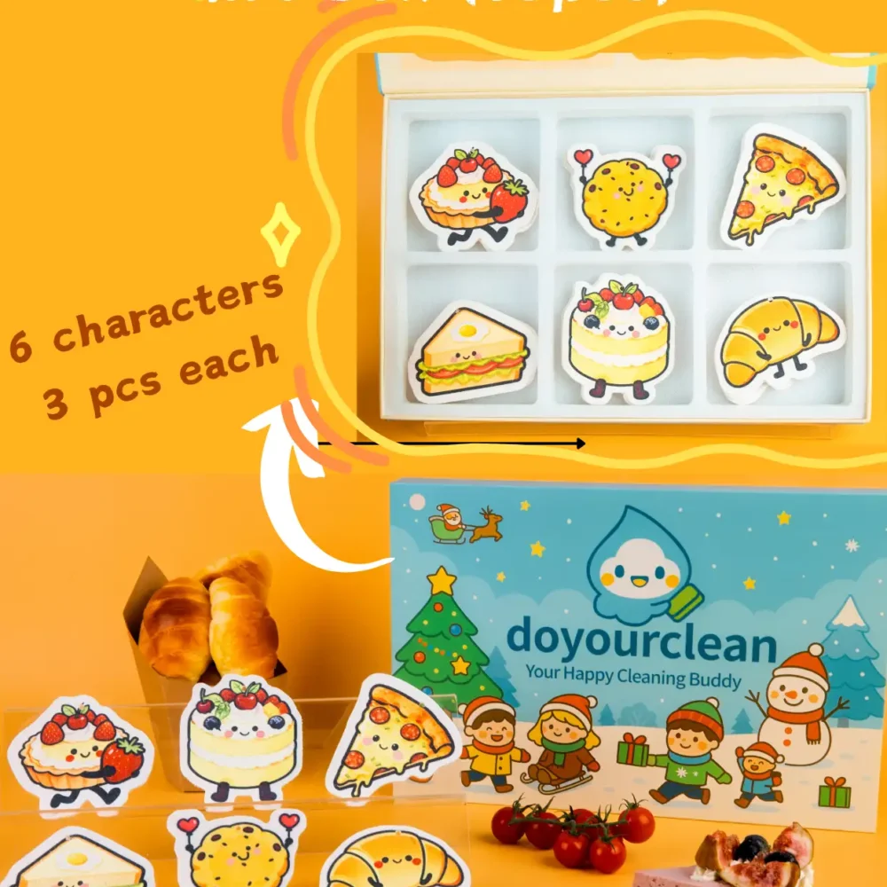 DoYourClean Bakery Friends 18-piece gift box with 6 cute sponge characters displayed on orange background.