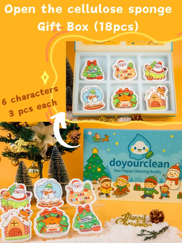 DoYourClean Santa Friends 18-piece cellulose sponge gift box with six cute Santa-themed characters on an orange background.