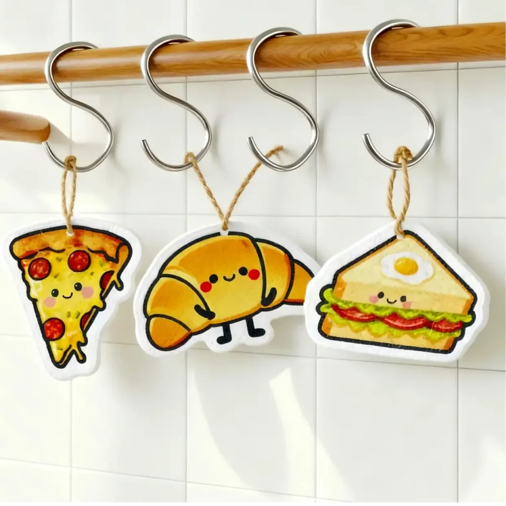 Pizza, croissant, and sandwich cellulose sponges hanging to dry with cords on white hooks.