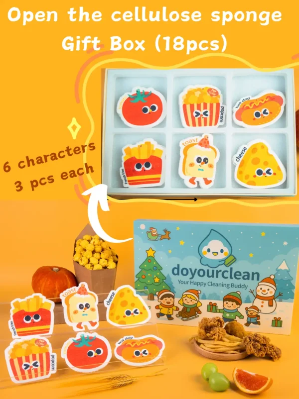 Tasty Friends cellulose sponge gift box with six cute food characters and 18 pieces