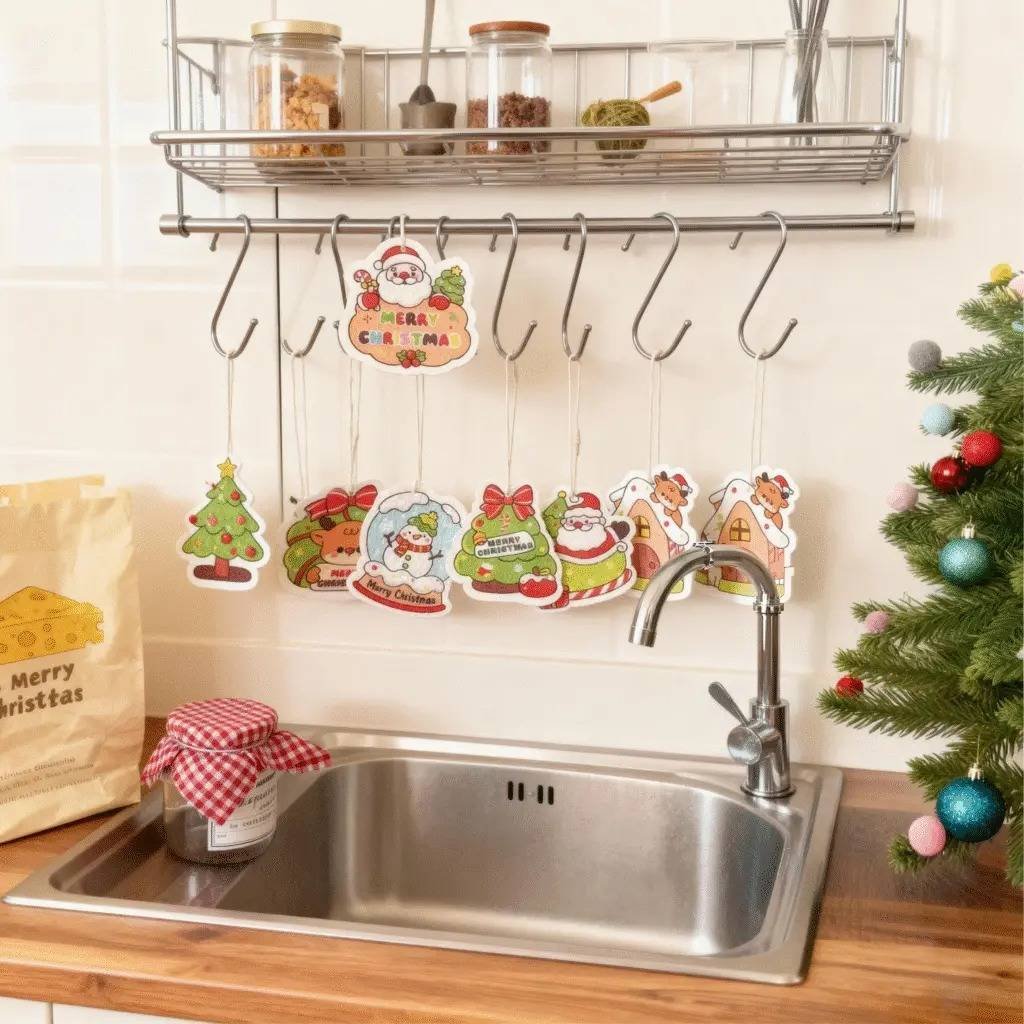 Several Doyourclean cellulose sponges hanging above a sink, creating foam and ready to clean dishes.