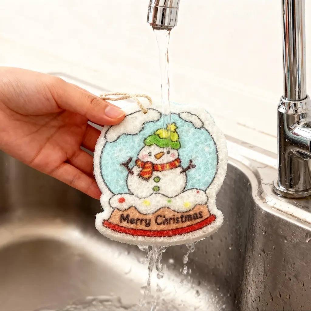 A hand holding Doyourclean Santa sponge under running water to absorb moisture before use.