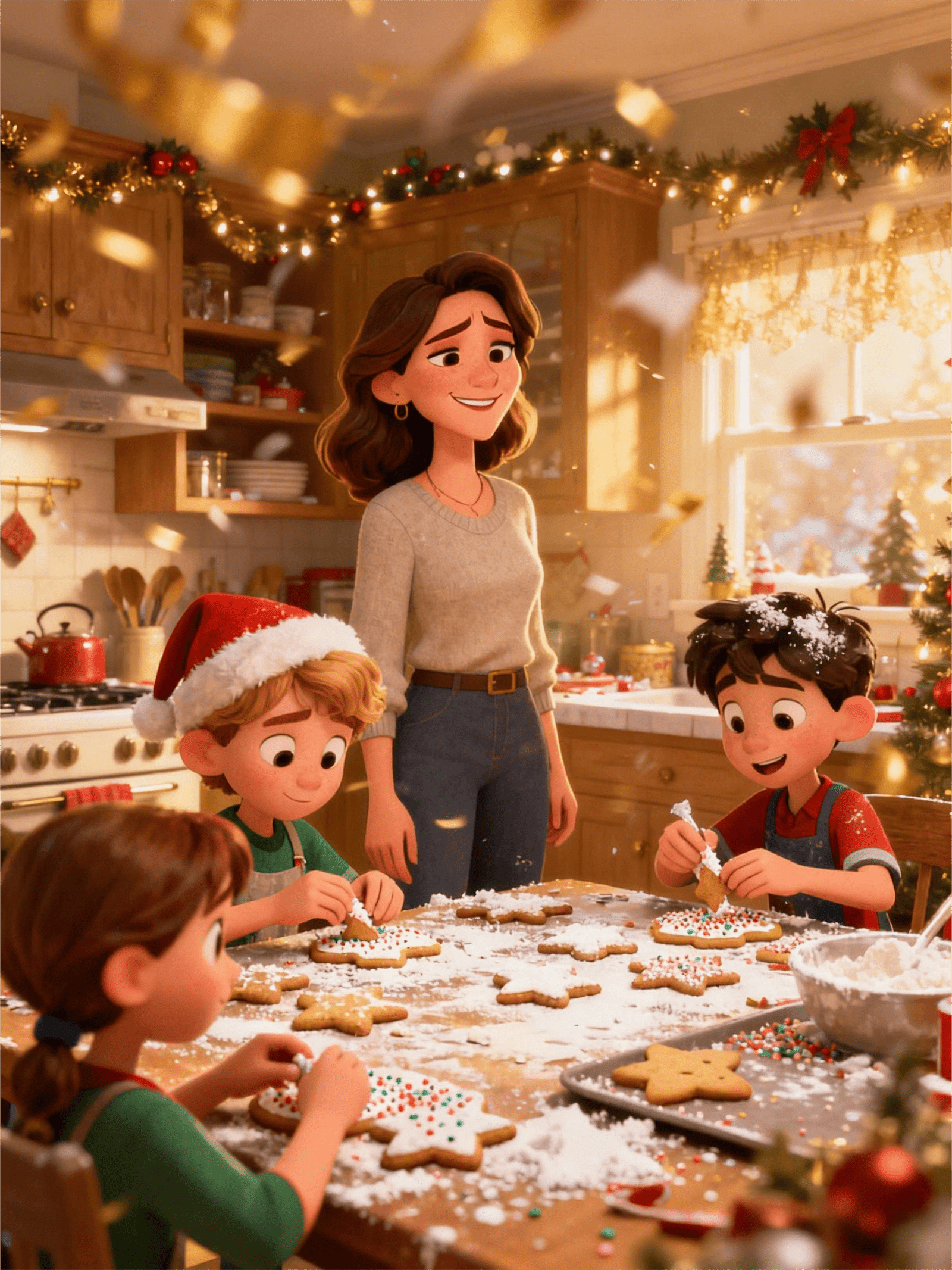 Busy mom in December baking with kids in a cozy Christmas kitchen
