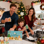Happy family washing dishes together using DoYourClean Christmas cellulose sponges, holiday kitchen with Christmas tree decor.