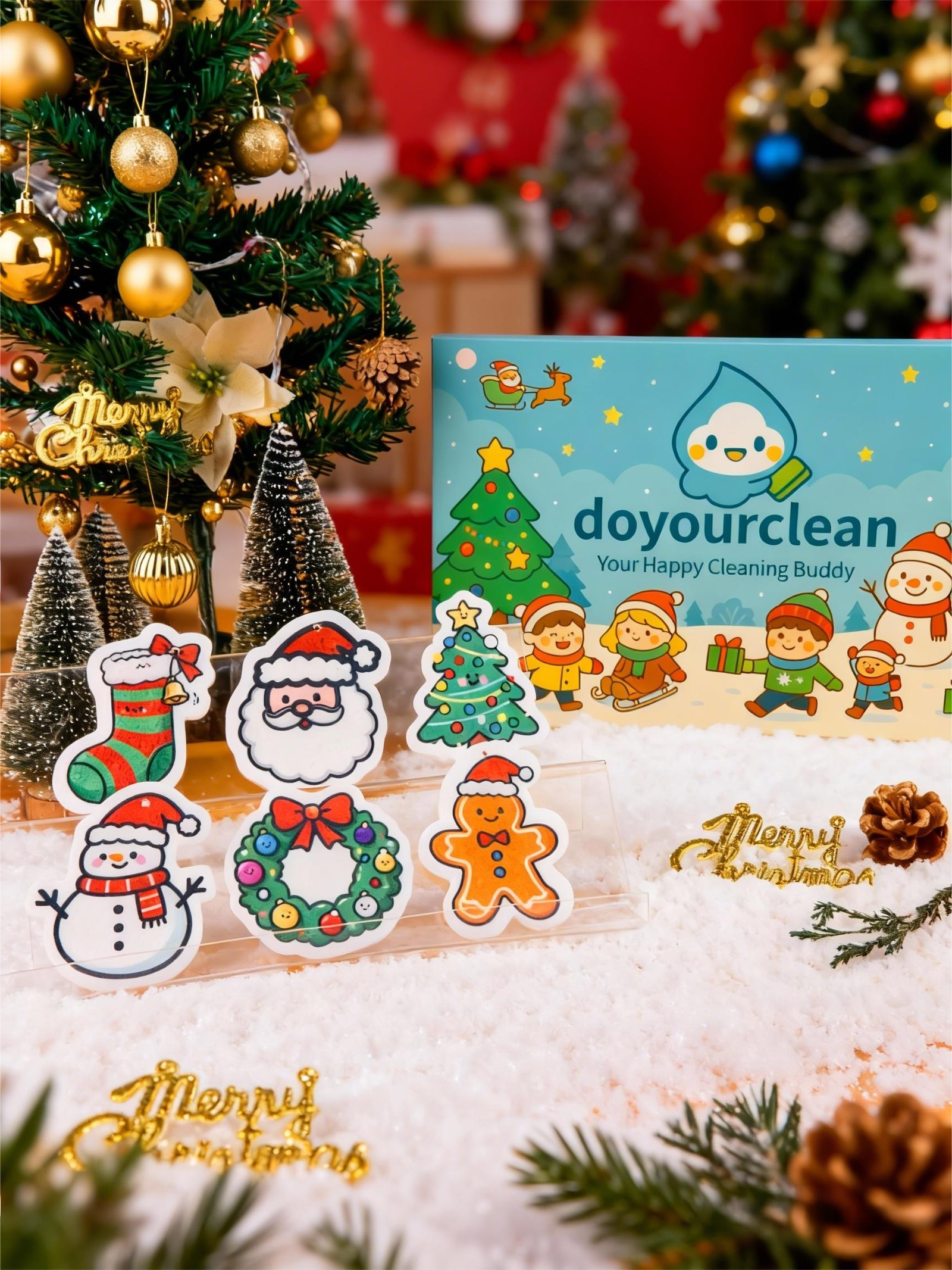 Tired but smiling mom in a warm Christmas kitchen using a cute cellulose sponge from a DoYourClean gift box