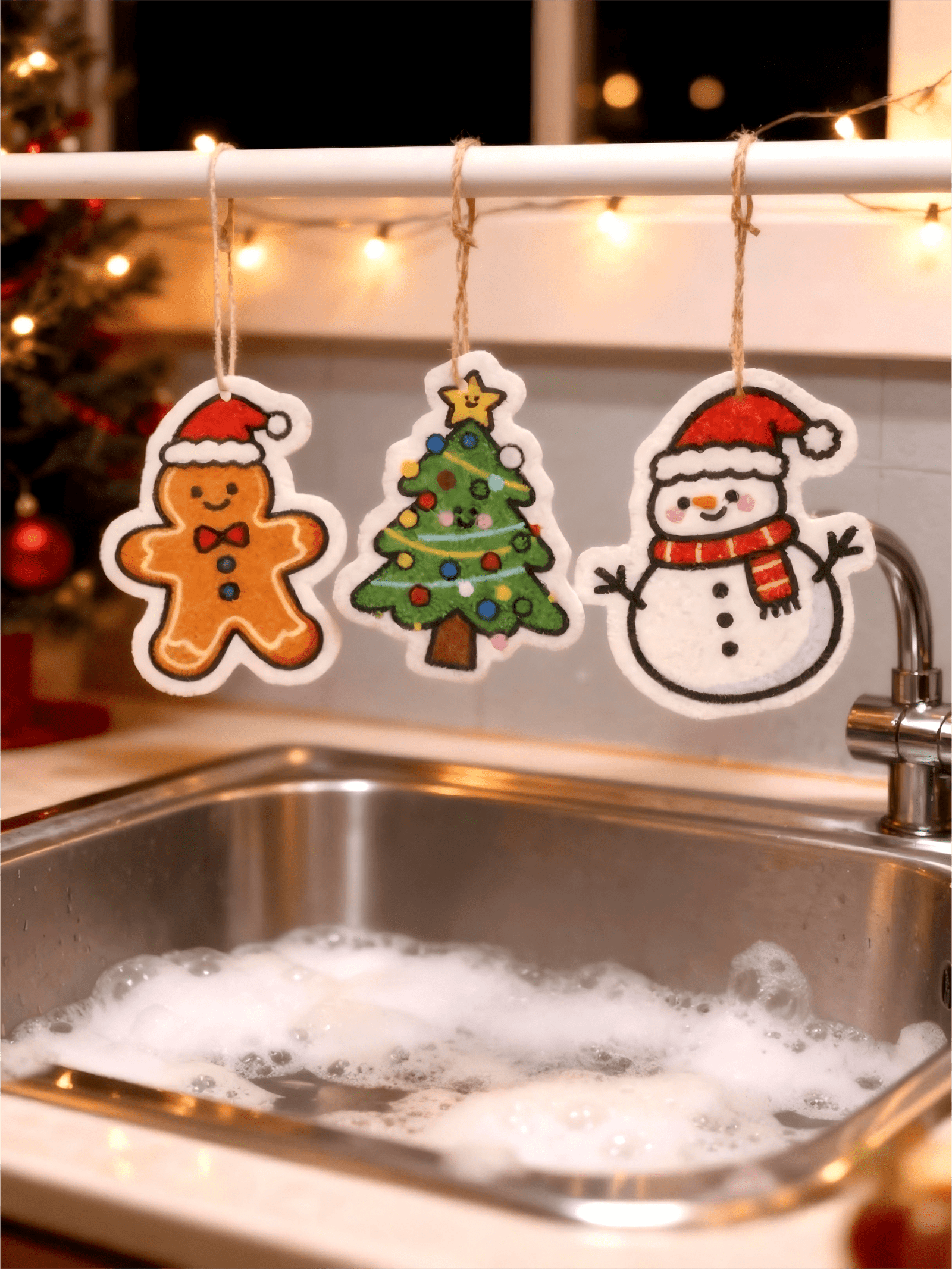 Warm evening Christmas kitchen with a stainless sink full of suds and a cute character sponge sitting in foamy water on the edge of the sink