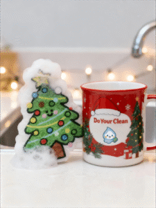Foamy Christmas tree cellulose sponge next to a red DoYourClean holiday mug in a festive kitchen