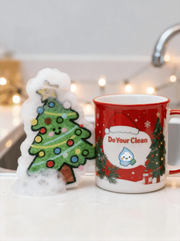 Foamy Christmas tree cellulose sponge next to a red DoYourClean holiday mug in a festive kitchen