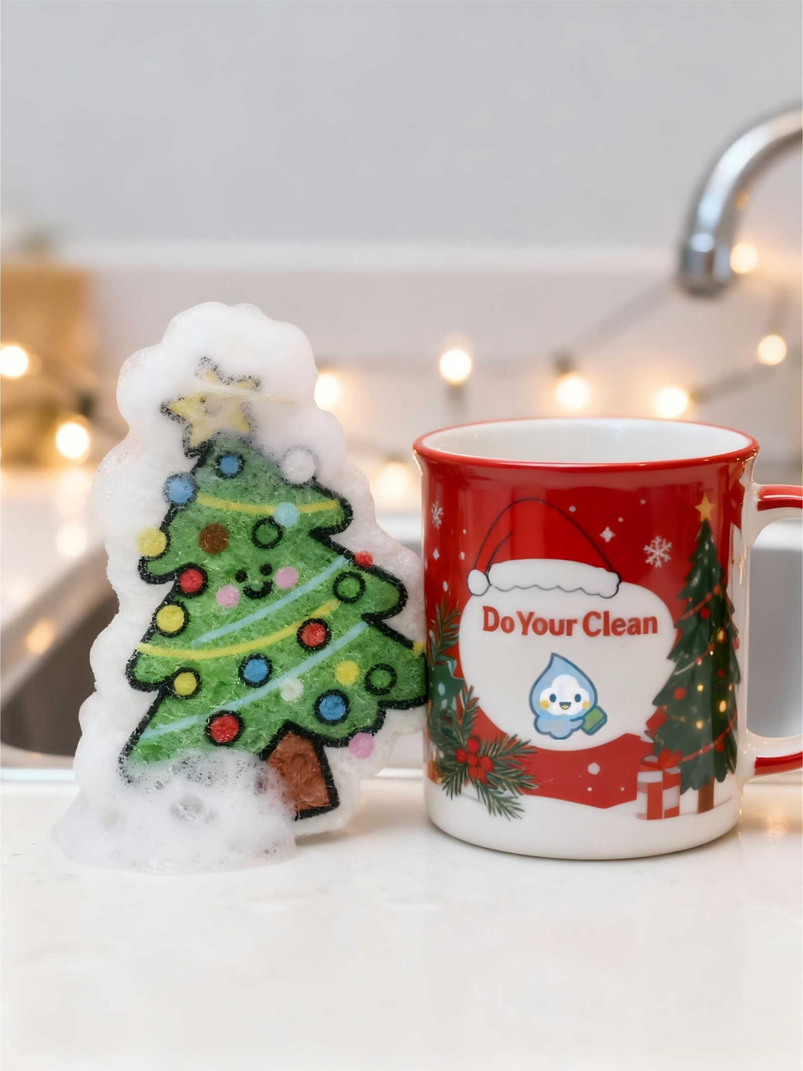 Close-up of a DoYourClean character sponge covered in thick foam next to a holiday mug, with warm fairy lights blurred in the background